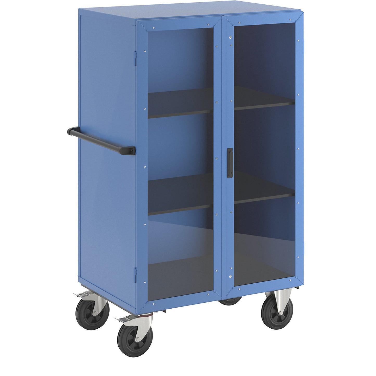 Cupboard trolley, hinged doors made of Makrolon®, with 3 shelves.