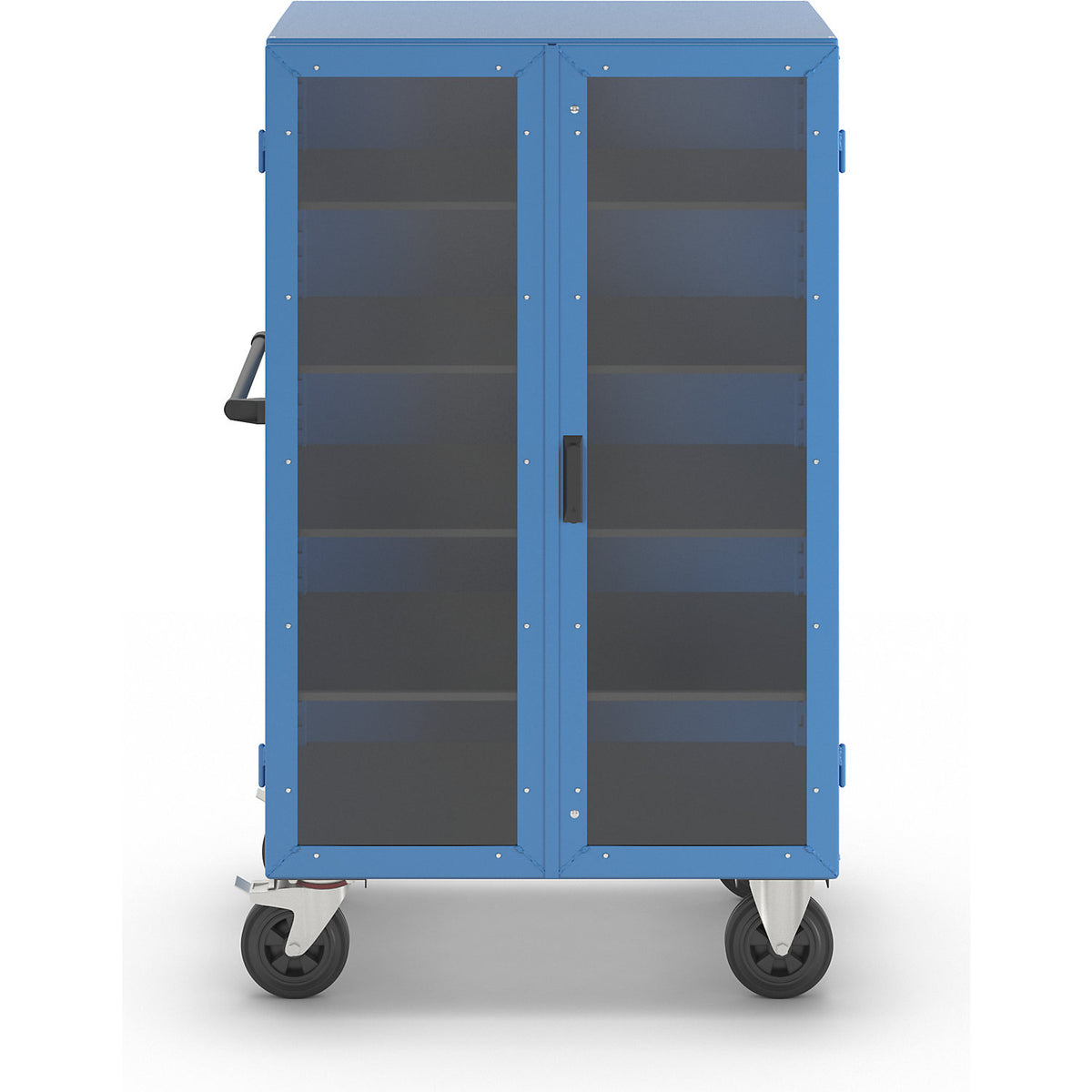 Cupboard trolley, hinged doors made of Makrolon®, with 4 shelves.