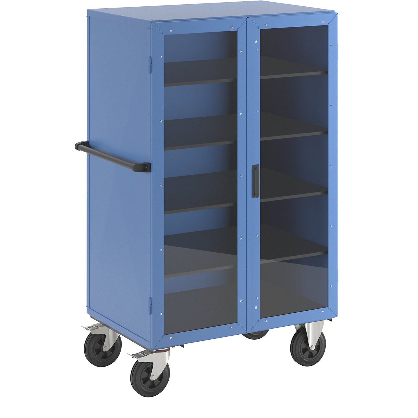 Cupboard trolley, hinged doors made of Makrolon®, with 4 shelves.