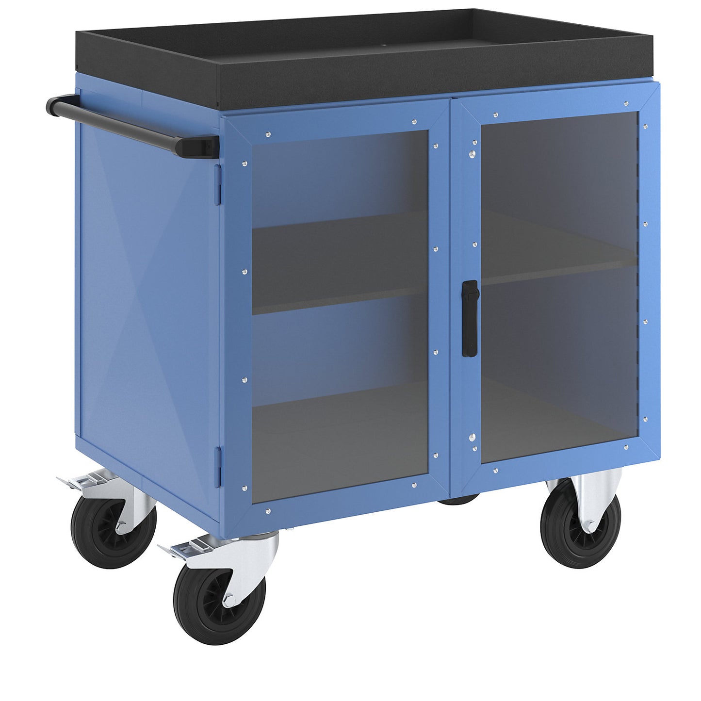 KOMPAKT cupboard trolley, sheet steel on 3 sides, doors with Makrolon® polycarbonate panels, with 1 shelf.