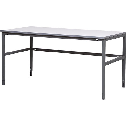 Embla work table, grey laminate, WxD 1600 x 800 mm, height 700 - 950 mm.