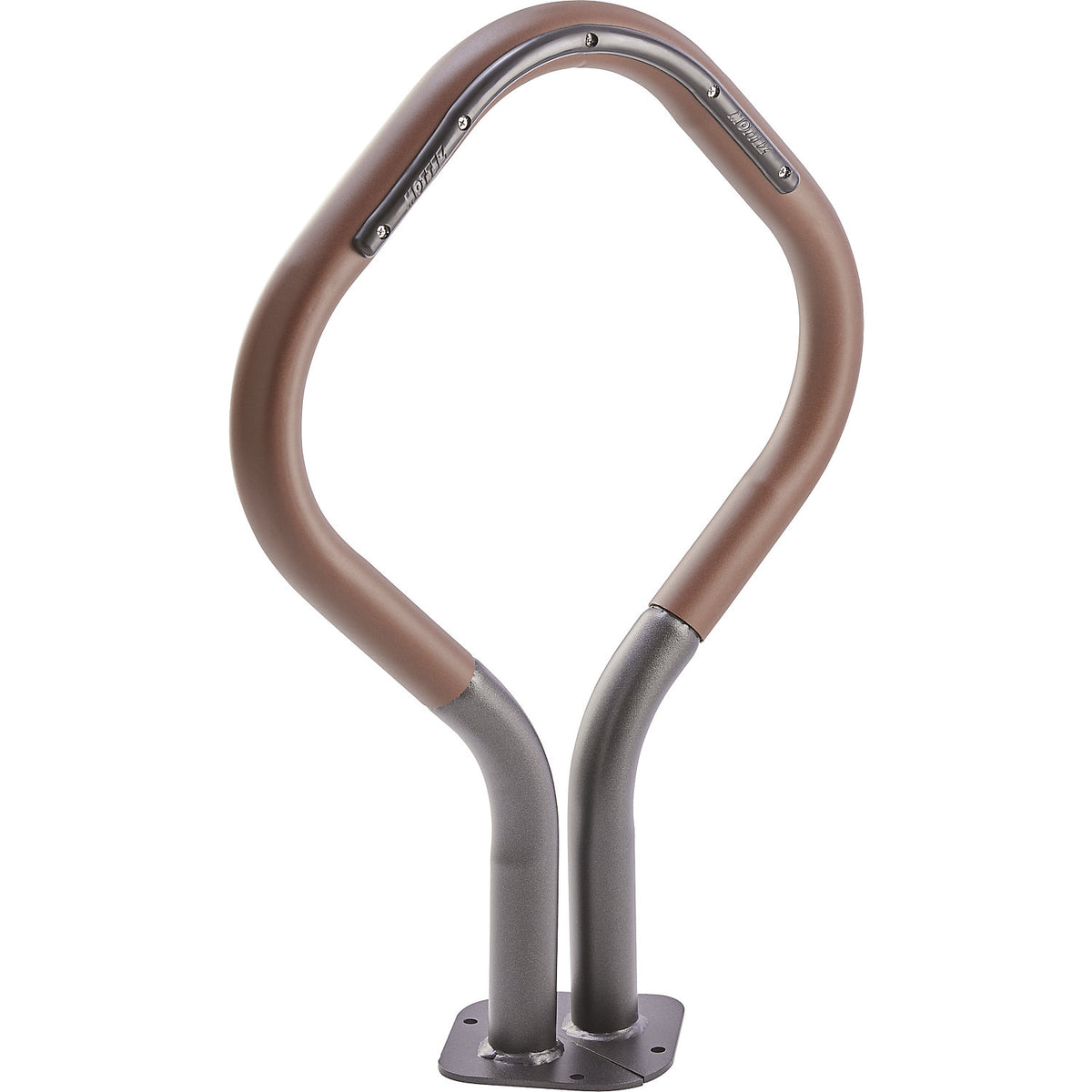 Bicycle rack, 2 parking spots, rust brown paint, black.