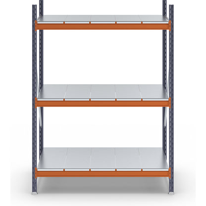 Wide span shelving unit, max. bay load 1600 kg, with steel sheet shelves, HxWxD 2000 x 1400 x 800 mm, standard shelf unit.