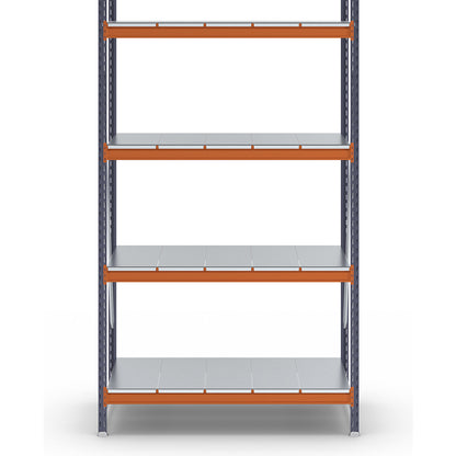 Wide span shelving unit, max. bay load 1600 kg, with steel sheet shelves, HxWxD 2500 x 1400 x 800 mm, standard shelf unit.