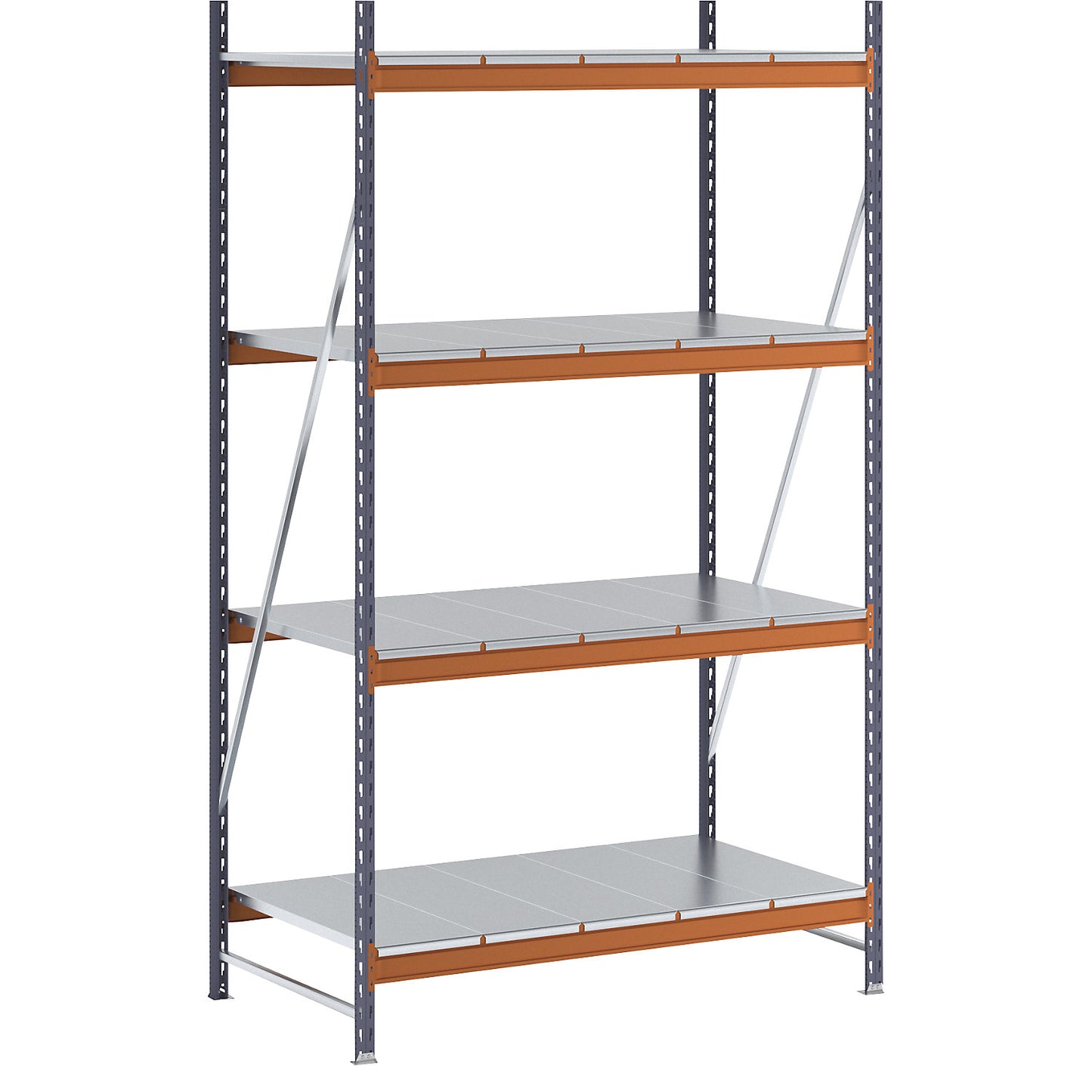 Wide span shelving unit, max. bay load 1600 kg, with steel sheet shelves, HxWxD 2500 x 1400 x 800 mm, standard shelf unit.
