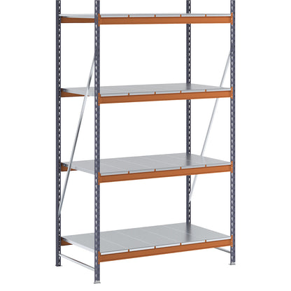 Wide span shelving unit, max. bay load 1600 kg, with steel sheet shelves, HxWxD 2500 x 1400 x 800 mm, standard shelf unit.