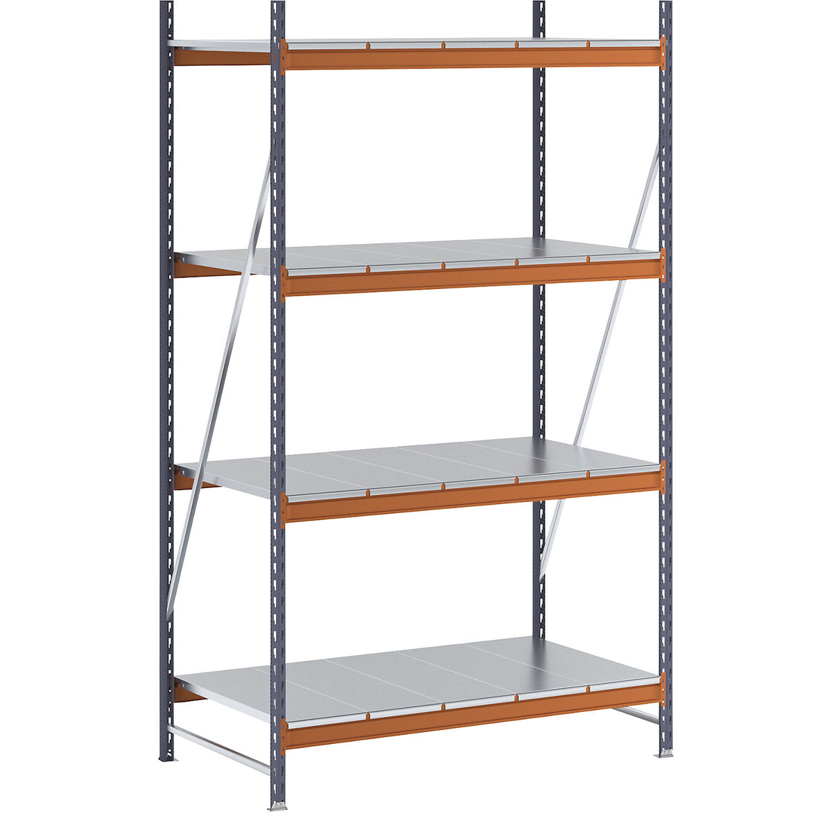 Wide span shelving unit, max. bay load 1600 kg, with steel sheet shelves, HxWxD 2500 x 1400 x 800 mm, standard shelf unit.