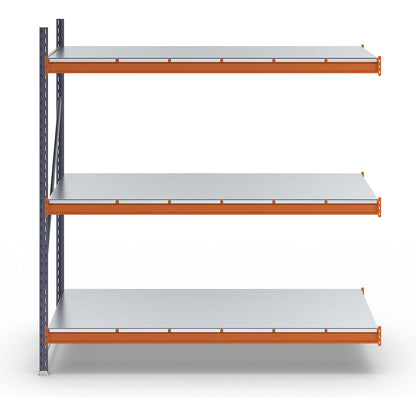 Wide span shelving unit, max. bay load 1600 kg, with steel sheet shelves, HxWxD 2000 x 1900 x 800 mm, extension shelf unit.
