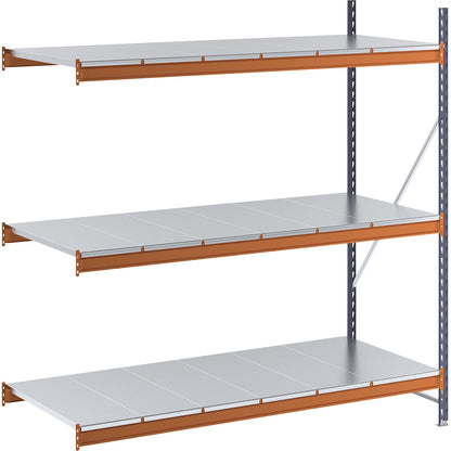 Wide span shelving unit, max. bay load 1600 kg, with steel sheet shelves, HxWxD 2000 x 1900 x 800 mm, extension shelf unit.