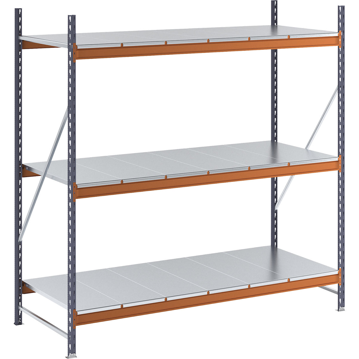 Wide span shelving unit, max. bay load 1600 kg, with steel sheet shelves, HxWxD 2000 x 1900 x 800 mm, standard shelf unit.