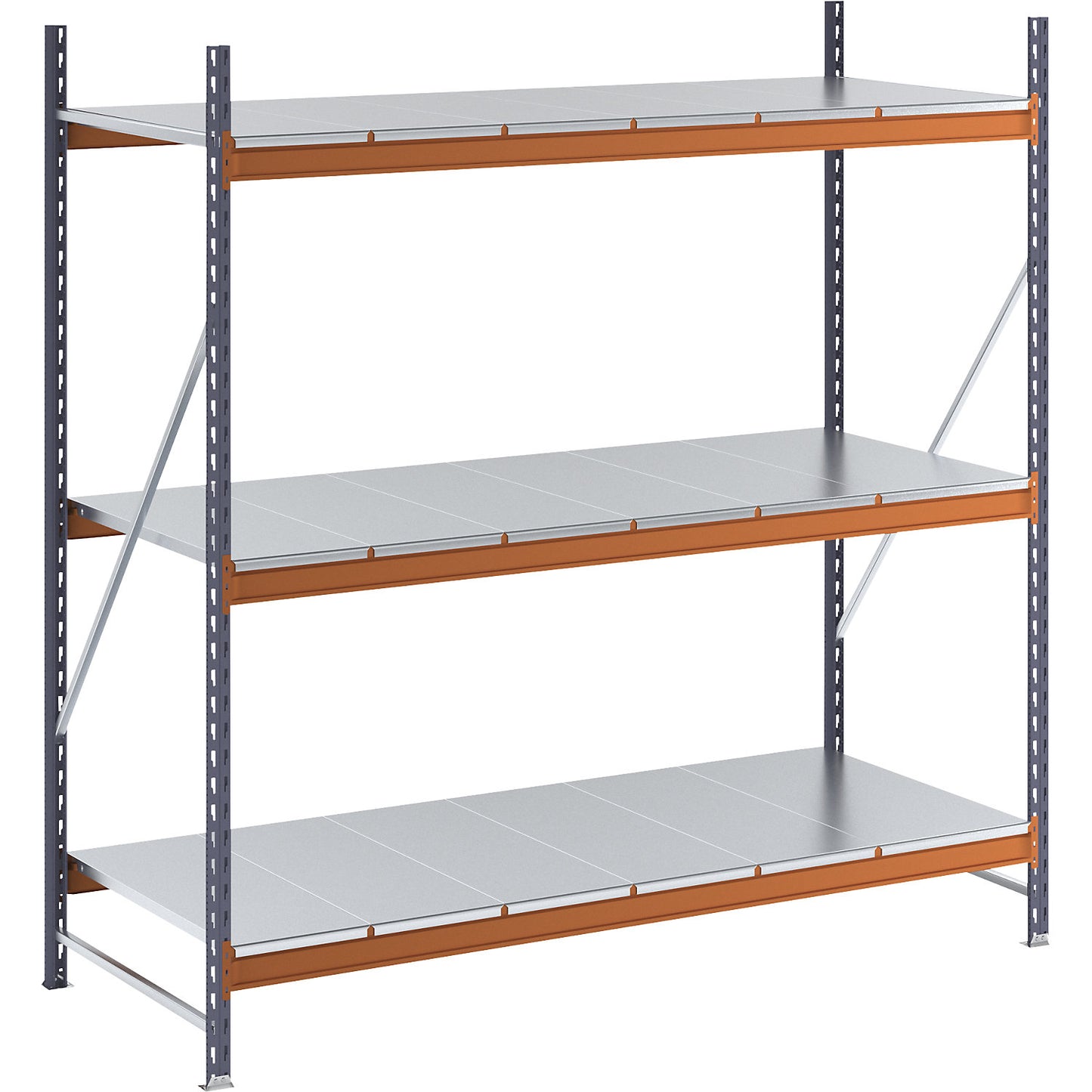 Wide span shelving unit, max. bay load 1600 kg, with steel sheet shelves, HxWxD 2000 x 1900 x 800 mm, standard shelf unit.