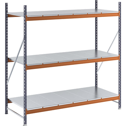 Wide span shelving unit, max. bay load 1600 kg, with steel sheet shelves, HxWxD 2000 x 1900 x 800 mm, standard shelf unit.