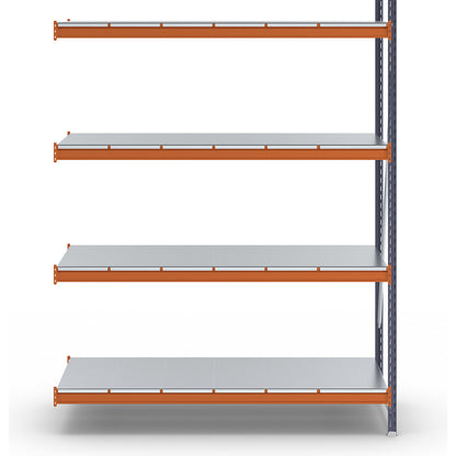Wide span shelving unit, max. bay load 1600 kg, with steel sheet shelves, HxWxD 2500 x 1900 x 800 mm, extension shelf unit.