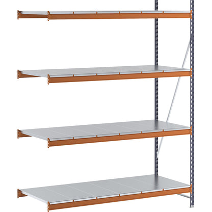 Wide span shelving unit, max. bay load 1600 kg, with steel sheet shelves, HxWxD 2500 x 1900 x 800 mm, extension shelf unit.