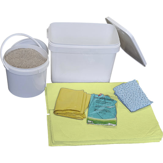 Box for spillage emergencies, with sheets and granulate, chemical version, yellow sheets.