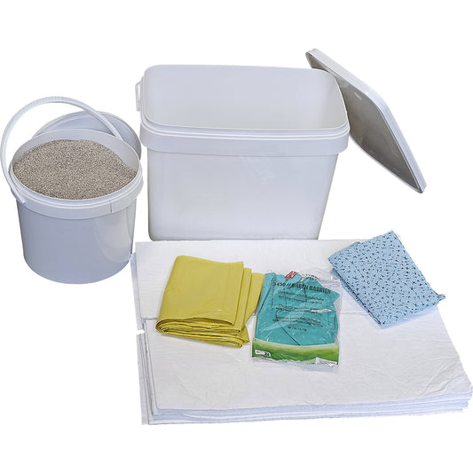 Box for spillage emergencies, with sheets and granulate, oil version, white sheets.