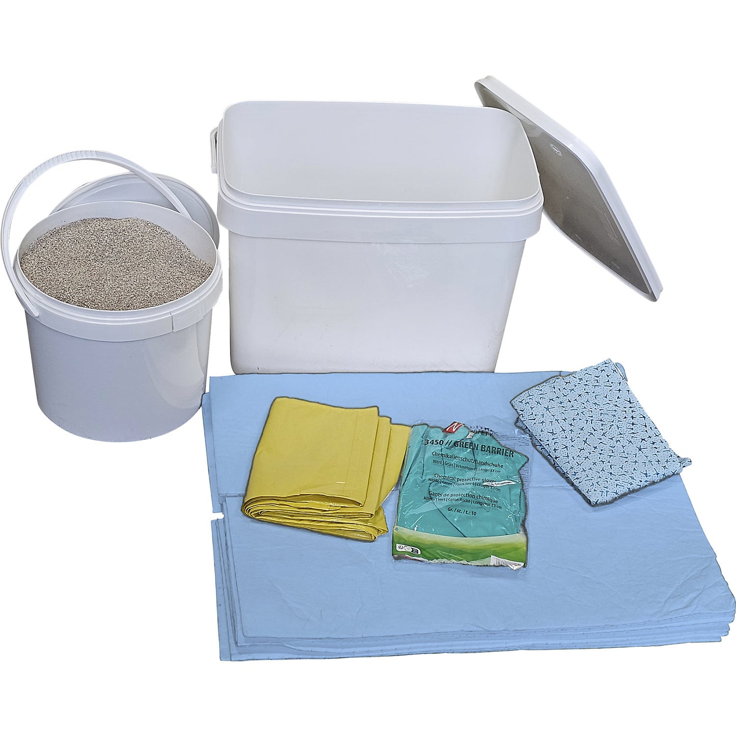 Box for spillage emergencies, with sheets and granulate, oil version, blue sheets.