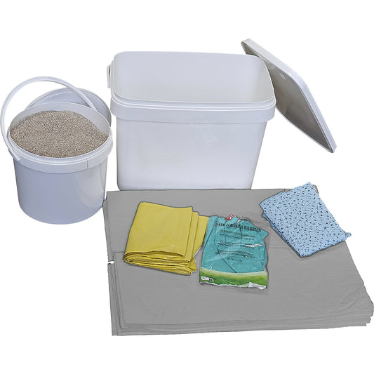 Box for spillage emergencies, with sheets and granulate, universal version, grey sheets.