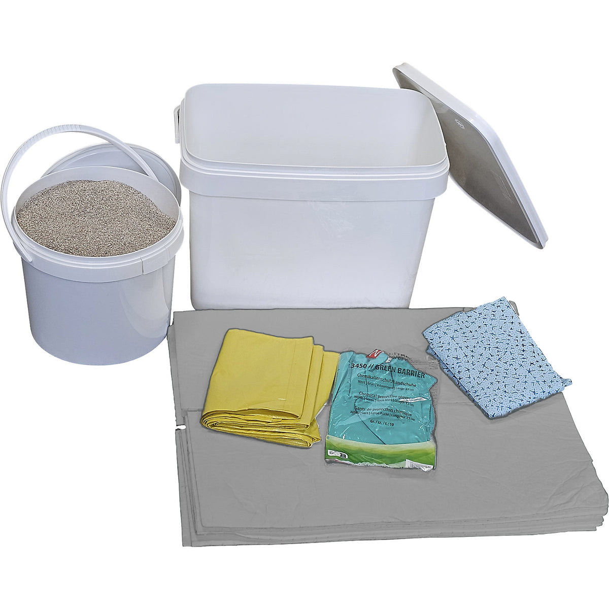 Box for spillage emergencies, with sheets and granulate, universal version, grey sheets.