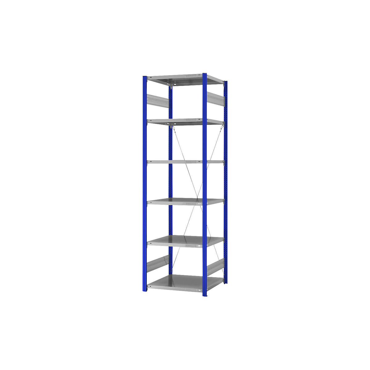 Boltless shelving unit, light duty, single-sided, HxWxD 2500 x 750 x 600 mm, blue/zinc plated, standard shelf unit.