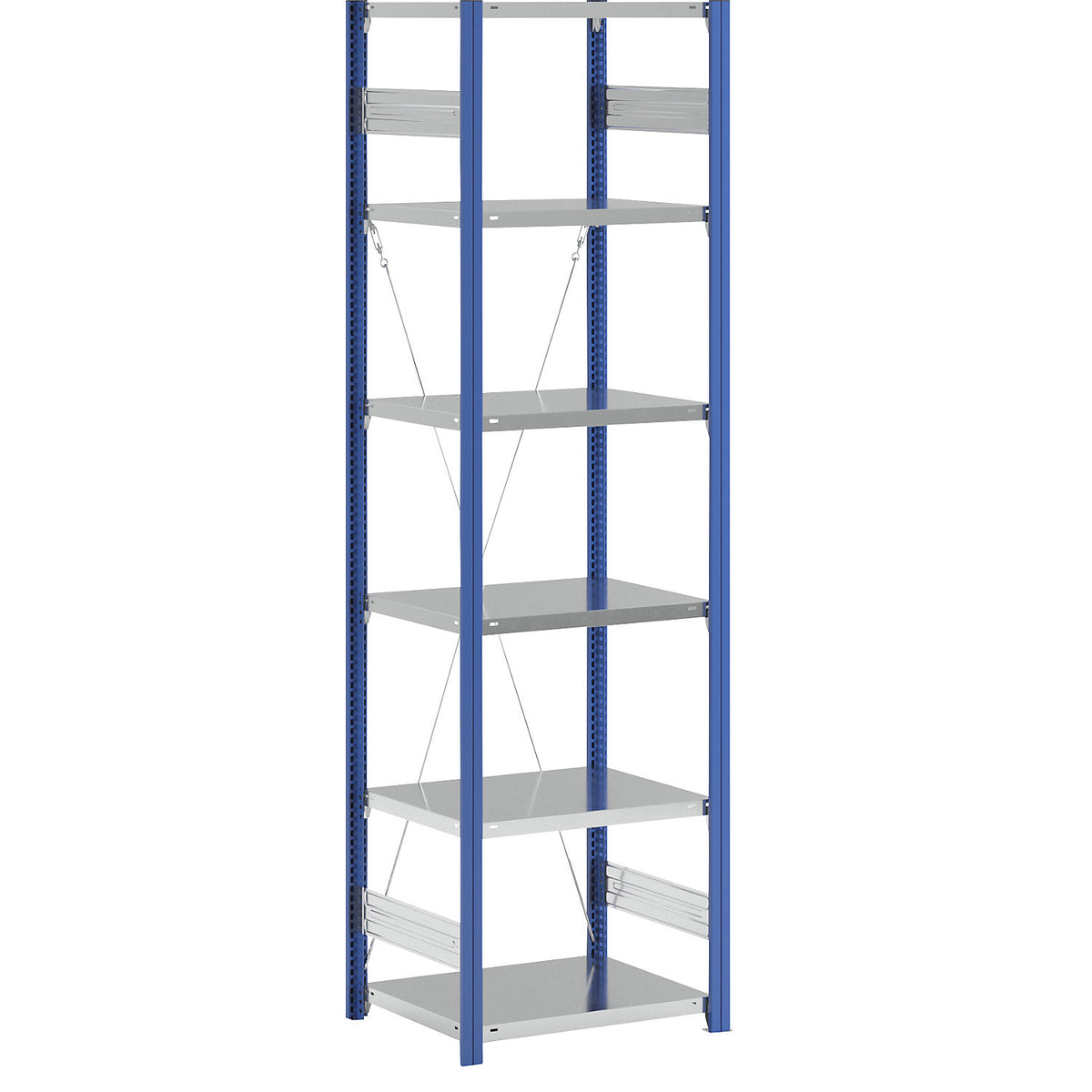 Boltless shelving unit, light duty, single-sided, HxWxD 2500 x 750 x 600 mm, blue/zinc plated, standard shelf unit.