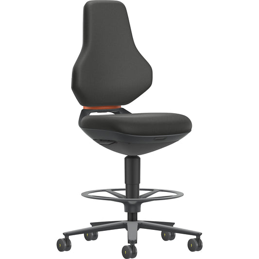 TEXON Laboratory+Production industrial swivel chair, with sit stop castors + foot ring, height adjustment range 570 - 810 mm, fabric, black.