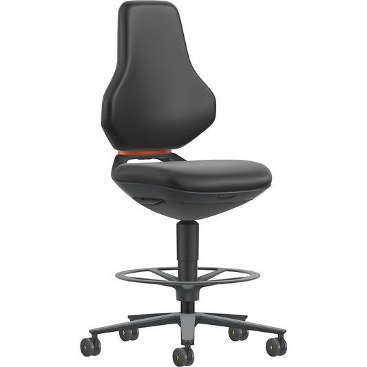 TEXON Laboratory+Production industrial swivel chair, with sit stop castors + foot ring, height adjustment range 570 - 810 mm, vinyl, black.