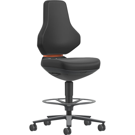 TEXON Laboratory+Production industrial swivel chair, with sit stop castors + foot ring, height adjustment range 570 - 810 mm, Skintec, black.