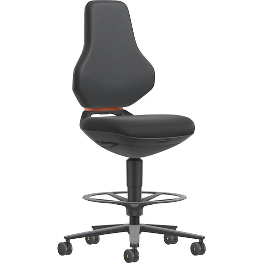 TEXON Laboratory+Production industrial swivel chair, with sit stop castors + foot ring, height adjustment range 570 - 810 mm, Supertec, black.