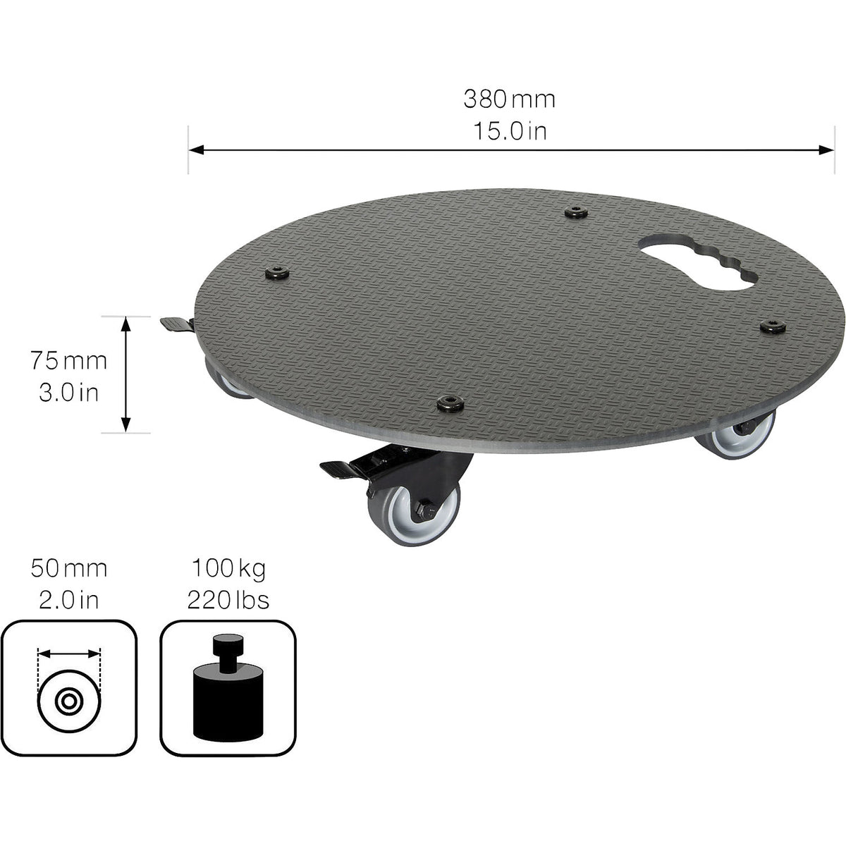 Plant dolly, max. load 100 kg, HPL, Ø 380 mm, black.