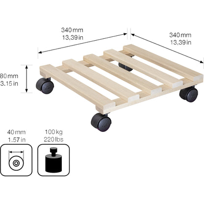 PALETTI beech plant dolly, max. load 100 kg, natural, LxW 340 x 340 mm, pack of 4.