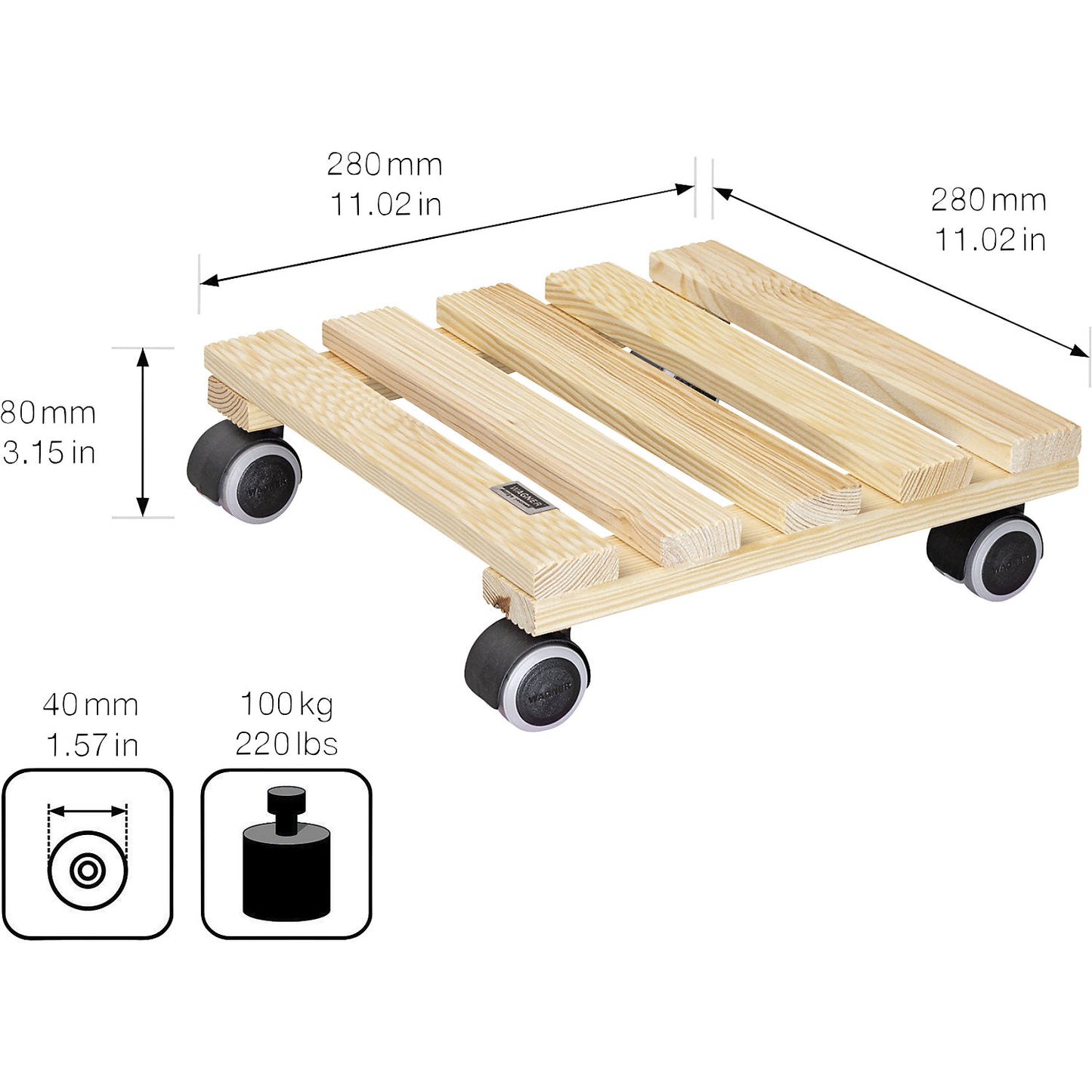 NATURE wooden plant dolly, max. load 100 kg, pack of 2, LxW 290 x 290 mm, natural.