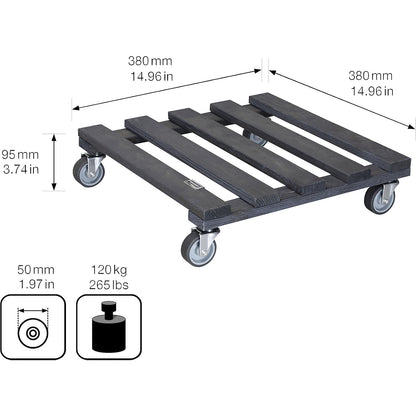 PALETTI wooden plant dolly, max. load 120 kg, pack of 2, LxW 380 x 380 mm, charcoal.