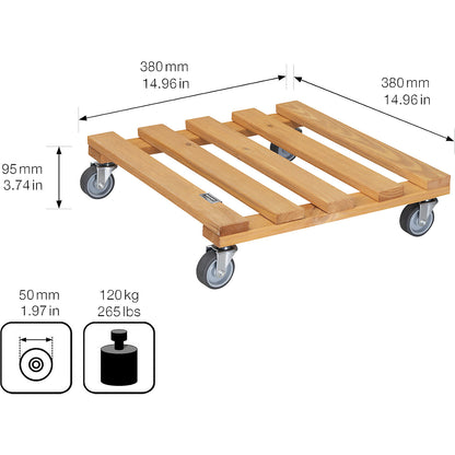 PALETTI wooden plant dolly, max. load 120 kg, pack of 2, LxW 380 x 380 mm, ochre.