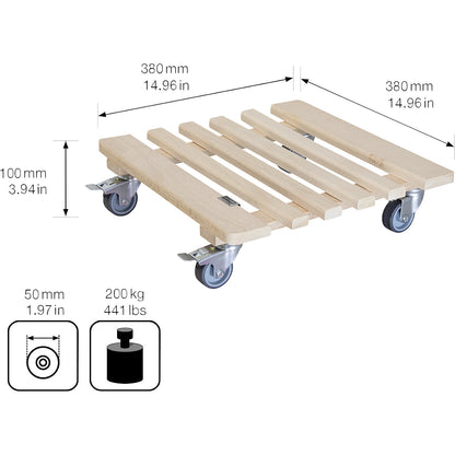 PIANO wooden plant dolly, max. load 200 kg, LxW 380 x 380 mm, natural.