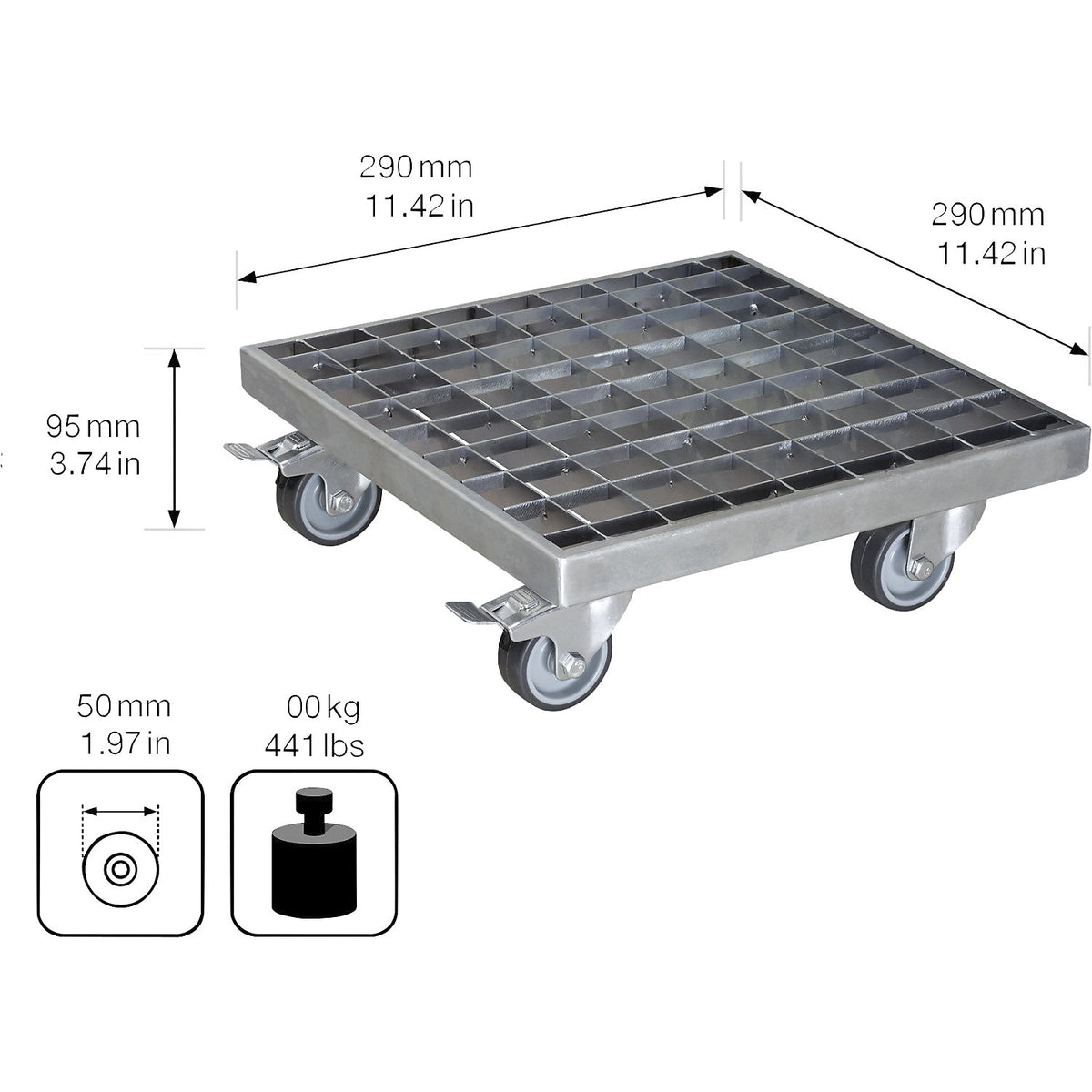 INDUSTRIAL plant dolly, max. load 200 kg, LxW 290 x 290 mm, silver.