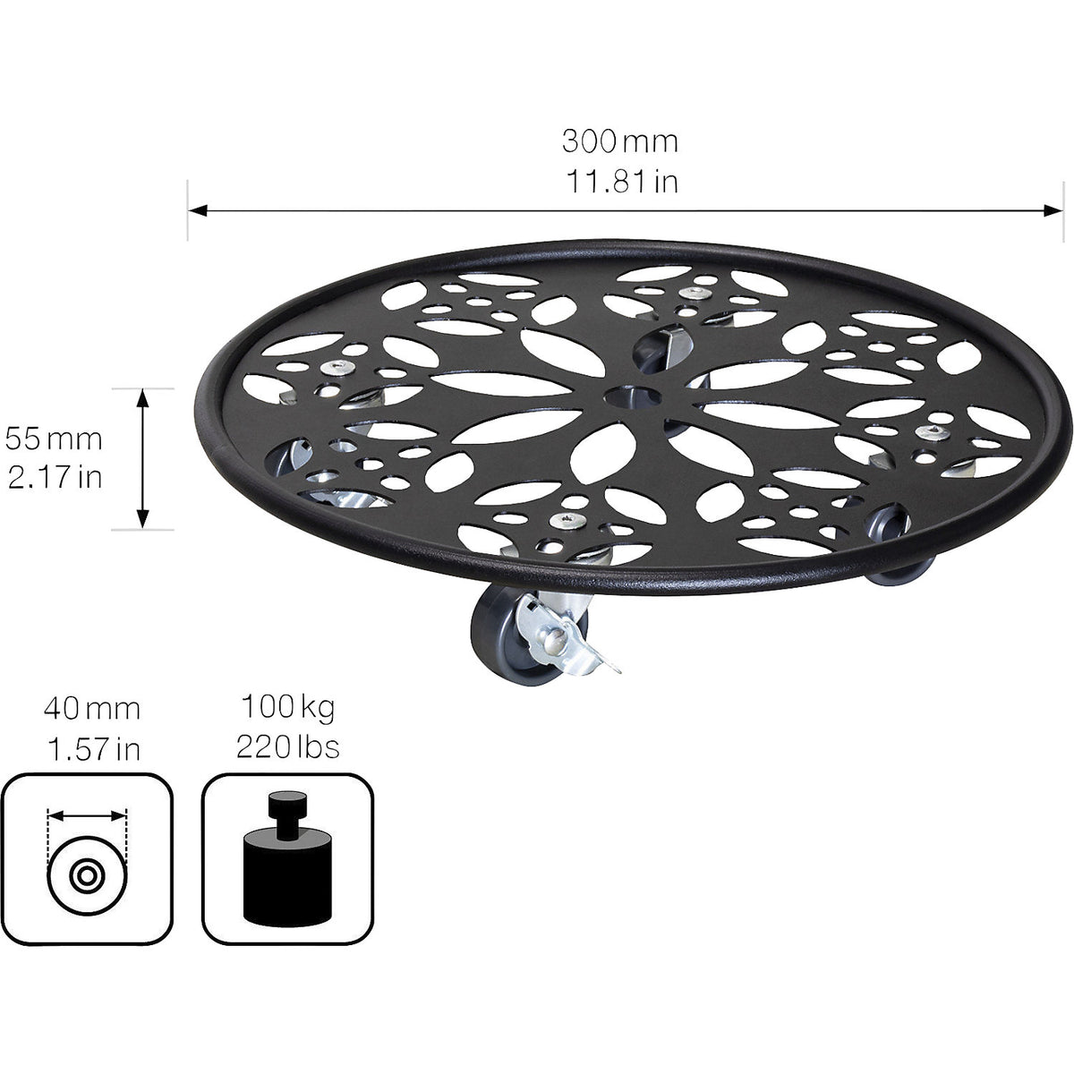 BLACK steel plant dolly, max. load 60 kg, round, Ø 300 mm, black.
