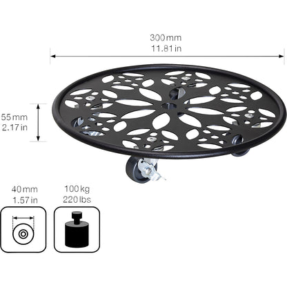 BLACK steel plant dolly, max. load 60 kg, round, Ø 300 mm, black.