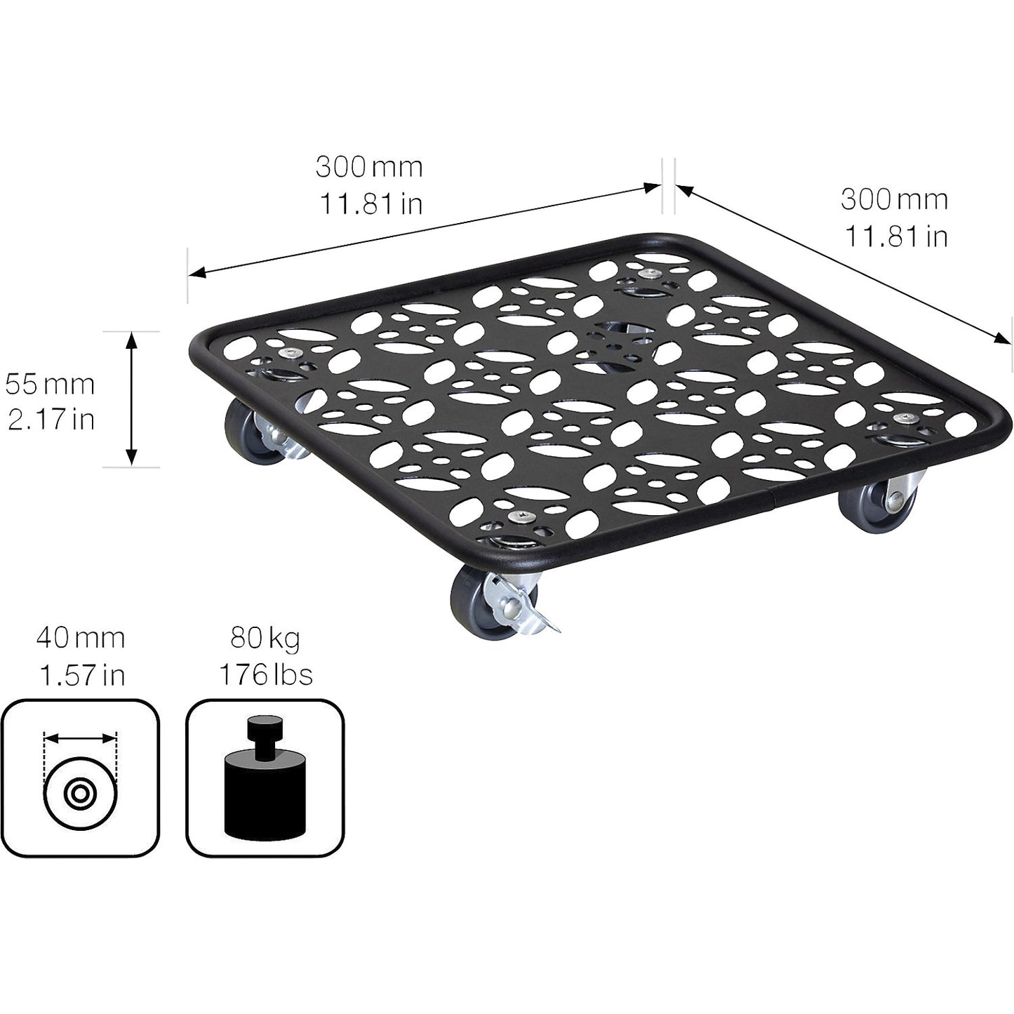 BLACK steel plant dolly, max. load 60 kg, LxW 300 x 300 mm, black.