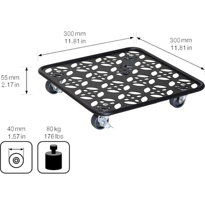 BLACK steel plant dolly, max. load 60 kg, LxW 300 x 300 mm, black.