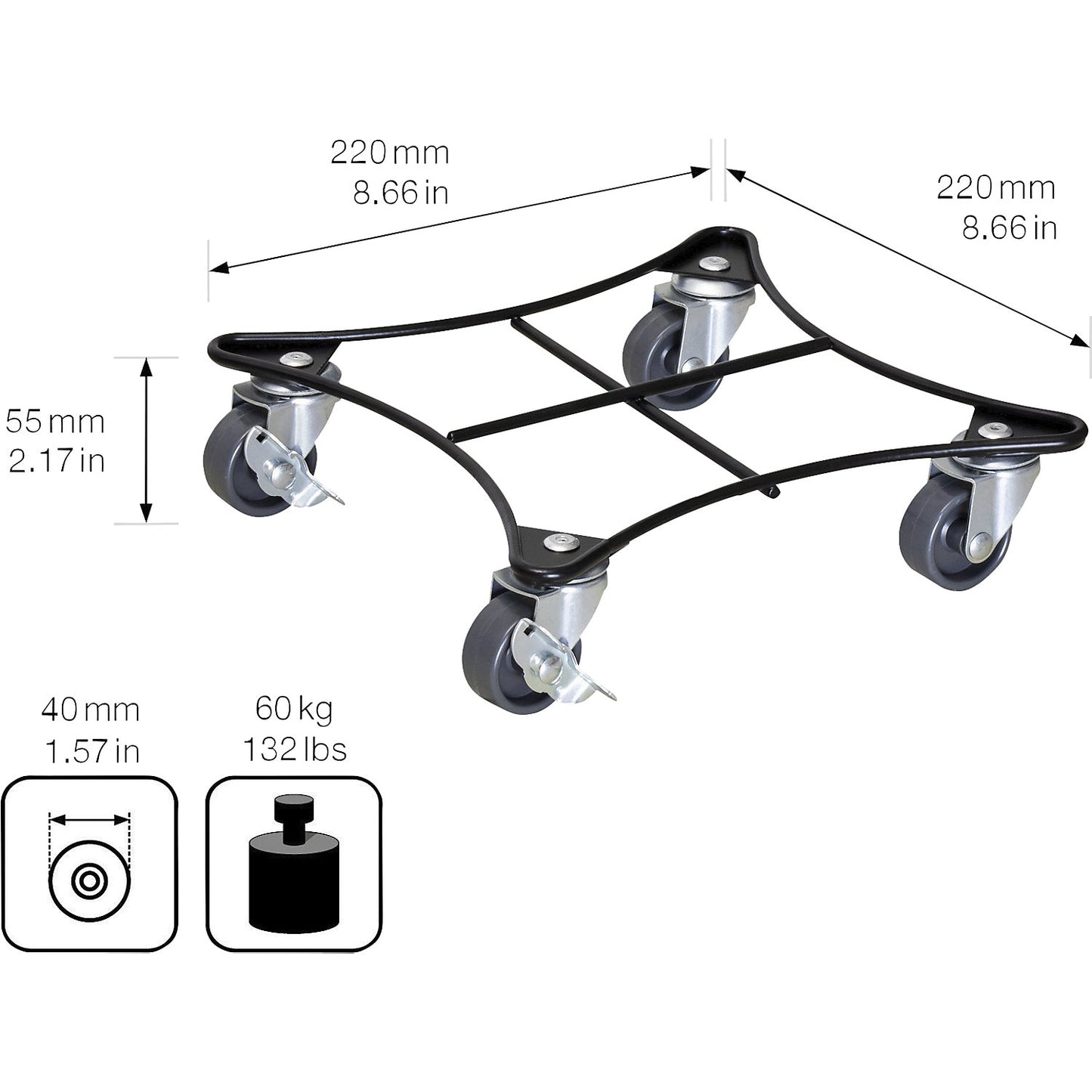 RETRO steel plant dolly, max. load 60 kg, pack of 2, LxW 220 x 220 mm, black.