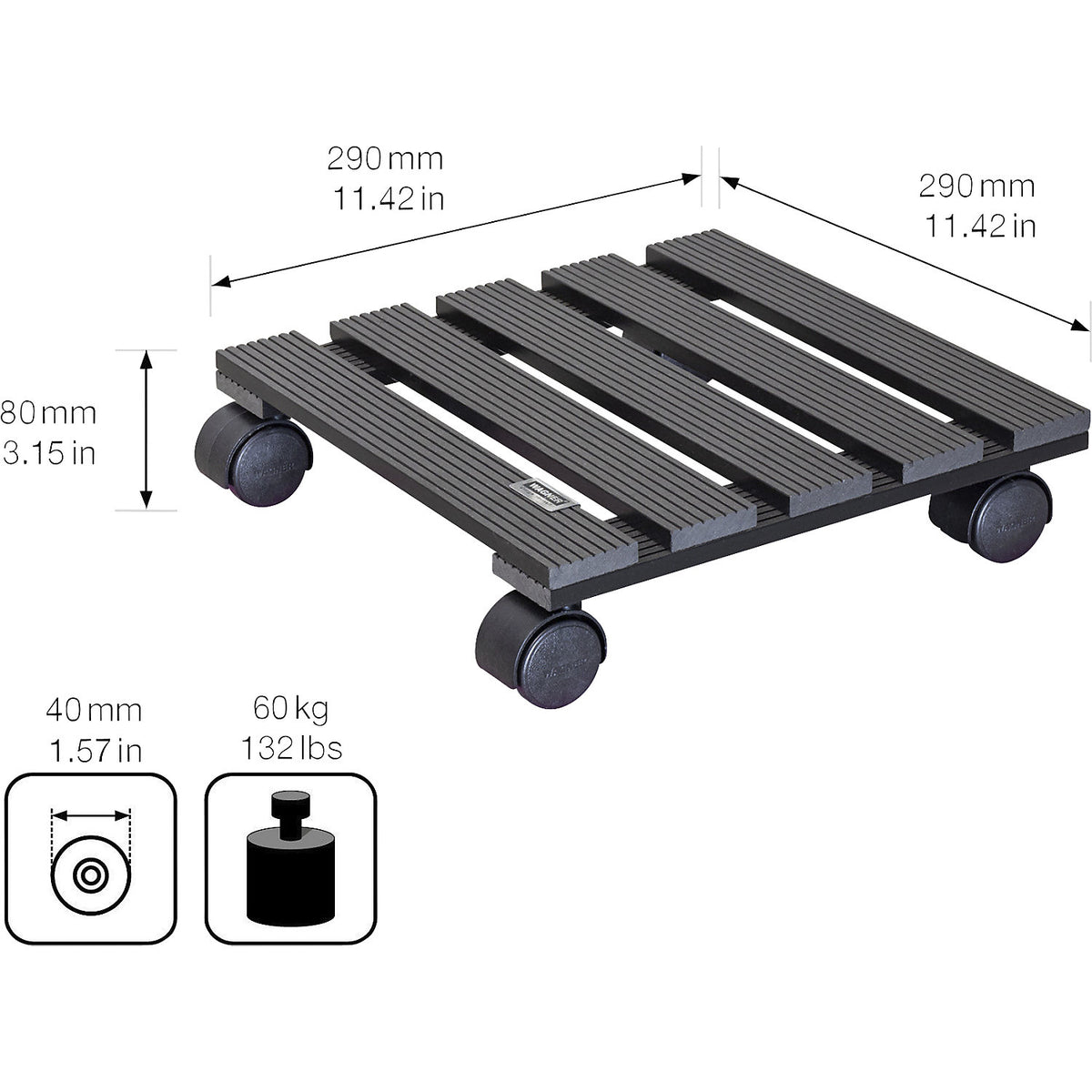 WPC plant dolly, max. load 60 kg, LxW 290 x 290 mm, charcoal, pack of 2.