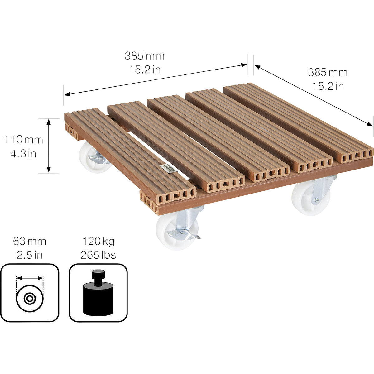 WPC plant dolly, max. load 120 kg, LxW 385 x 385 mm, ochre.