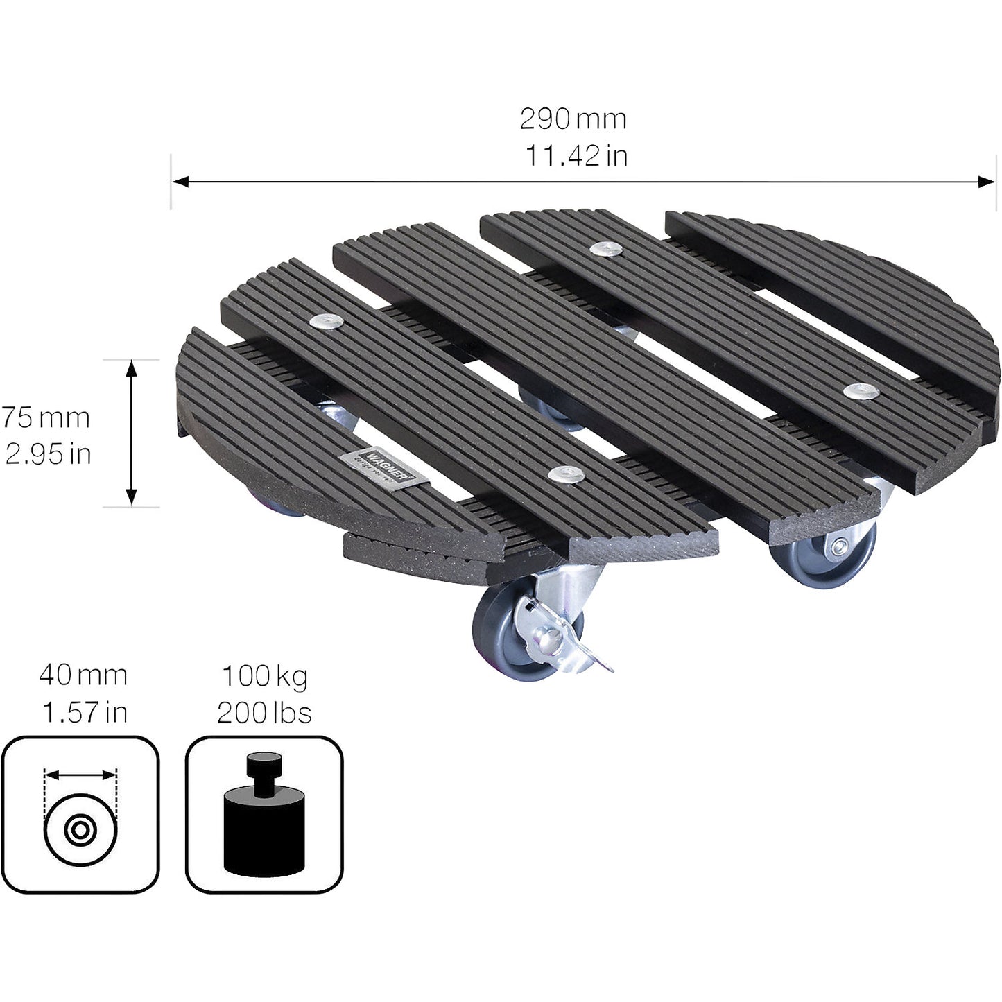 WPC plant dolly, max. load 100 kg, LxW 290 x 290 mm, charcoal.