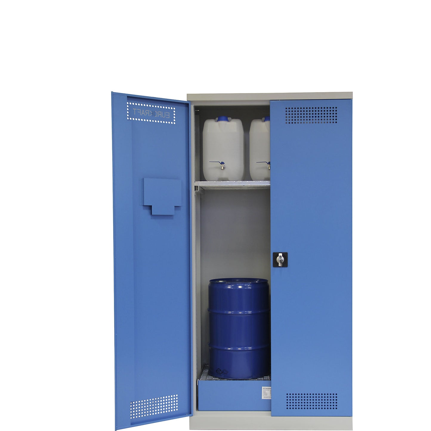 Drum cupboard, HxWxD 1950 x 950 x 500 mm, with mesh grid shelf.