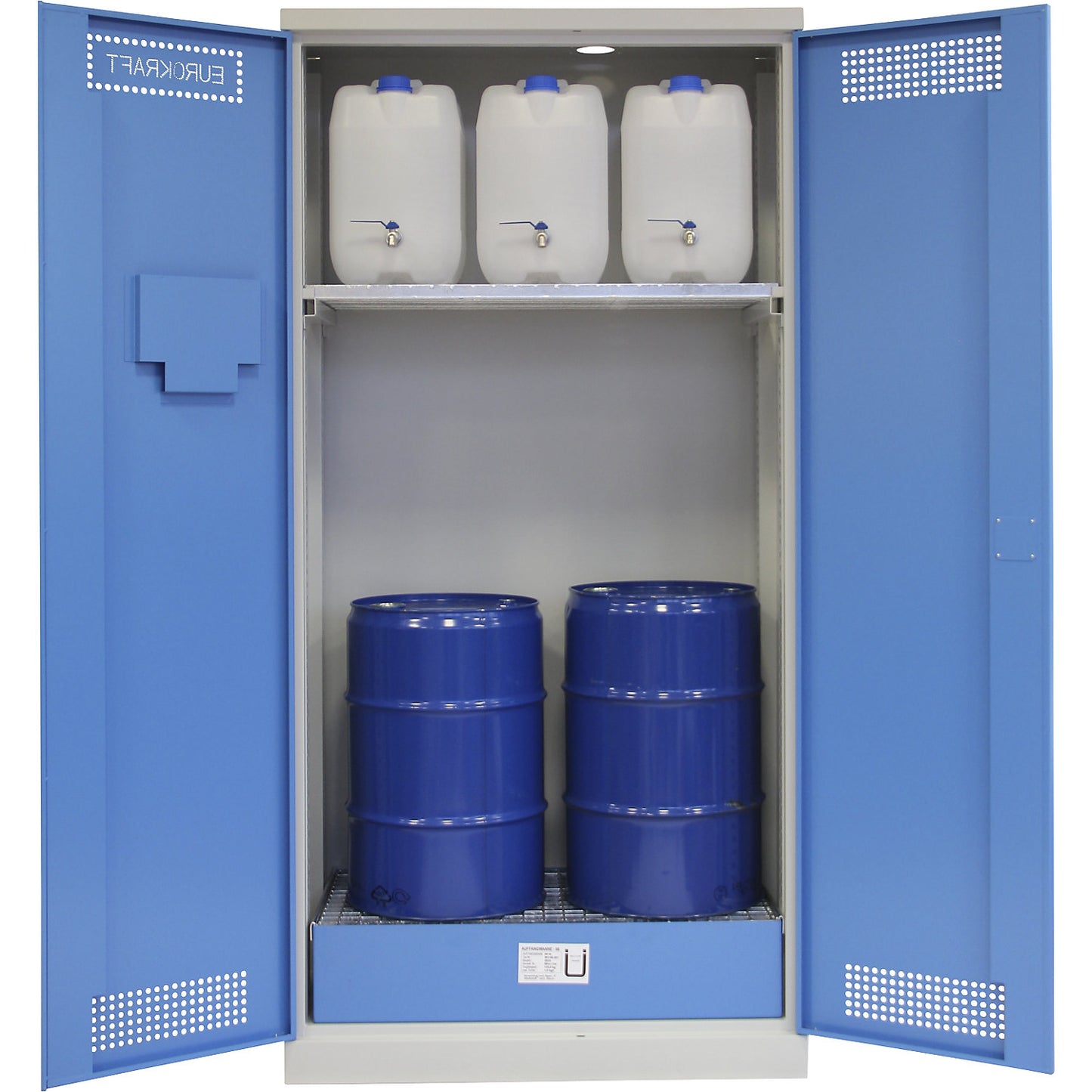 Drum cupboard, HxWxD 1950 x 950 x 500 mm, with mesh grid shelf.
