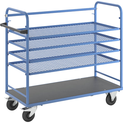 Shelf trolley, for 5 shelves, incl. 4 shelves, with mesh shelf.