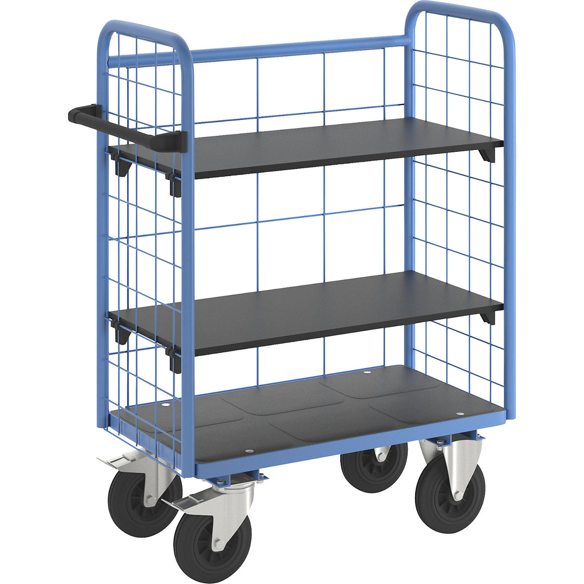 Shelf truck, with mesh panels, 3-sided, length 910 mm, incl. 2 shelves.