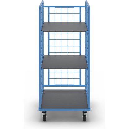 KOMPAKT shelf truck, mesh panels on 3 sides, platform 750 x 650 mm, with 2 shelves.