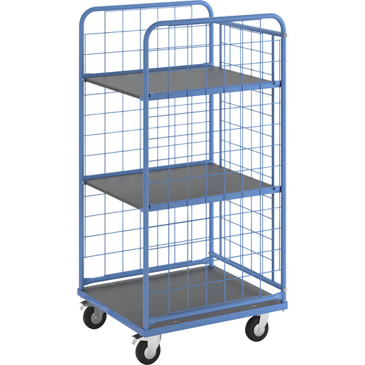 KOMPAKT shelf truck, mesh panels on 3 sides, platform 750 x 650 mm, with 2 shelves.